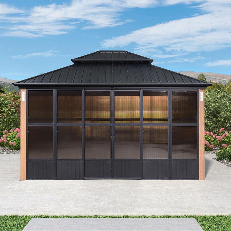 PURPLE LEAF Sunroom Hardtop Gazebo Solarium Wood Grain  Galvanized Steel Double Roof All-Weather Aluminum Outdoor Screen House - Image 21