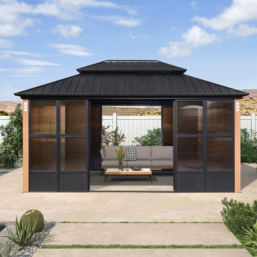 PURPLE LEAF Sunroom Hardtop Gazebo Solarium Wood Grain  Galvanized Steel Double Roof All-Weather Aluminum Outdoor Screen House - Image 23