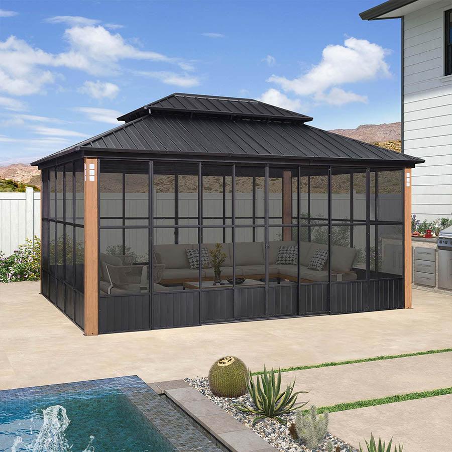 PURPLE LEAF Sunroom Hardtop Gazebo Solarium Wood Grain  Galvanized Steel Double Roof All-Weather Aluminum Outdoor Screen House - Image 26