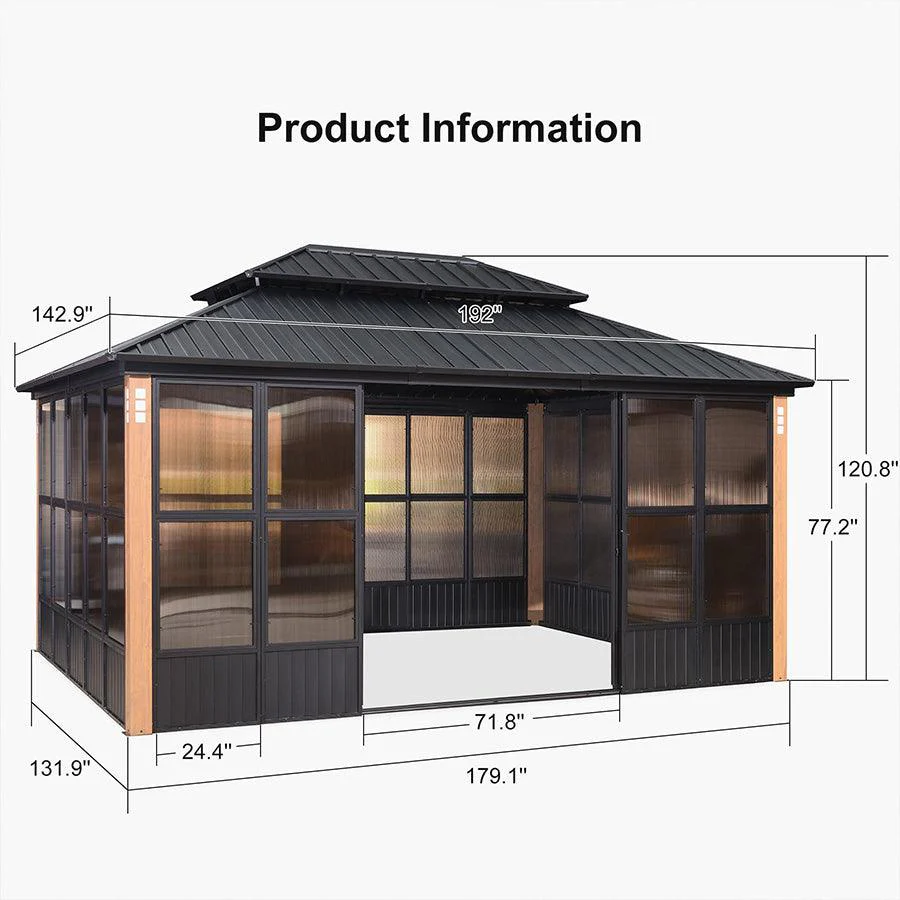 PURPLE LEAF Sunroom Hardtop Gazebo Solarium Wood Grain  Galvanized Steel Double Roof All-Weather Aluminum Outdoor Screen House - Image 28