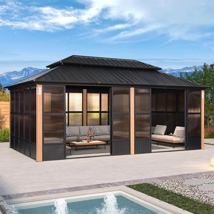 PURPLE LEAF Sunroom Hardtop Gazebo Solarium Wood Grain  Galvanized Steel Double Roof All-Weather Aluminum Outdoor Screen House - Image 29