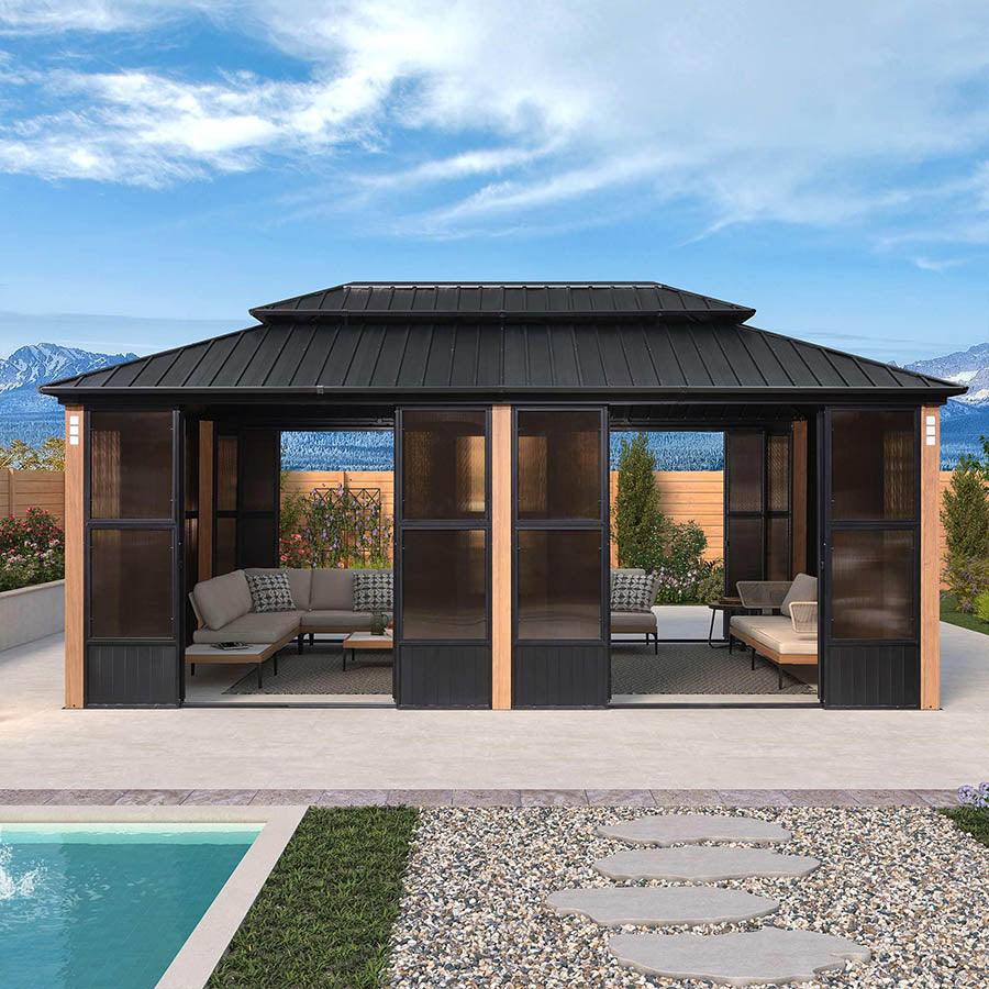 PURPLE LEAF Sunroom Hardtop Gazebo Solarium Wood Grain  Galvanized Steel Double Roof All-Weather Aluminum Outdoor Screen House - Image 30