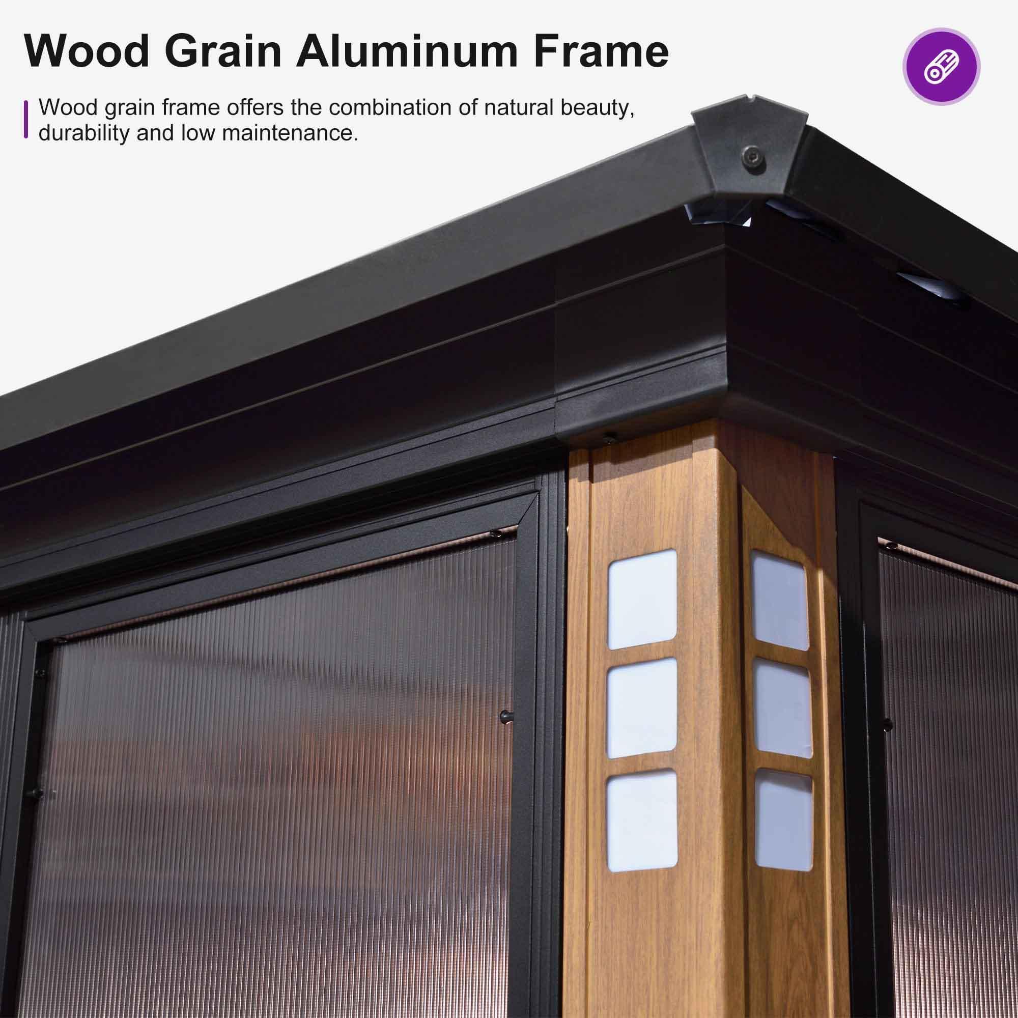 PURPLE LEAF Sunroom Hardtop Gazebo Solarium Wood Grain  Galvanized Steel Double Roof All-Weather Aluminum Outdoor Screen House - Image 39