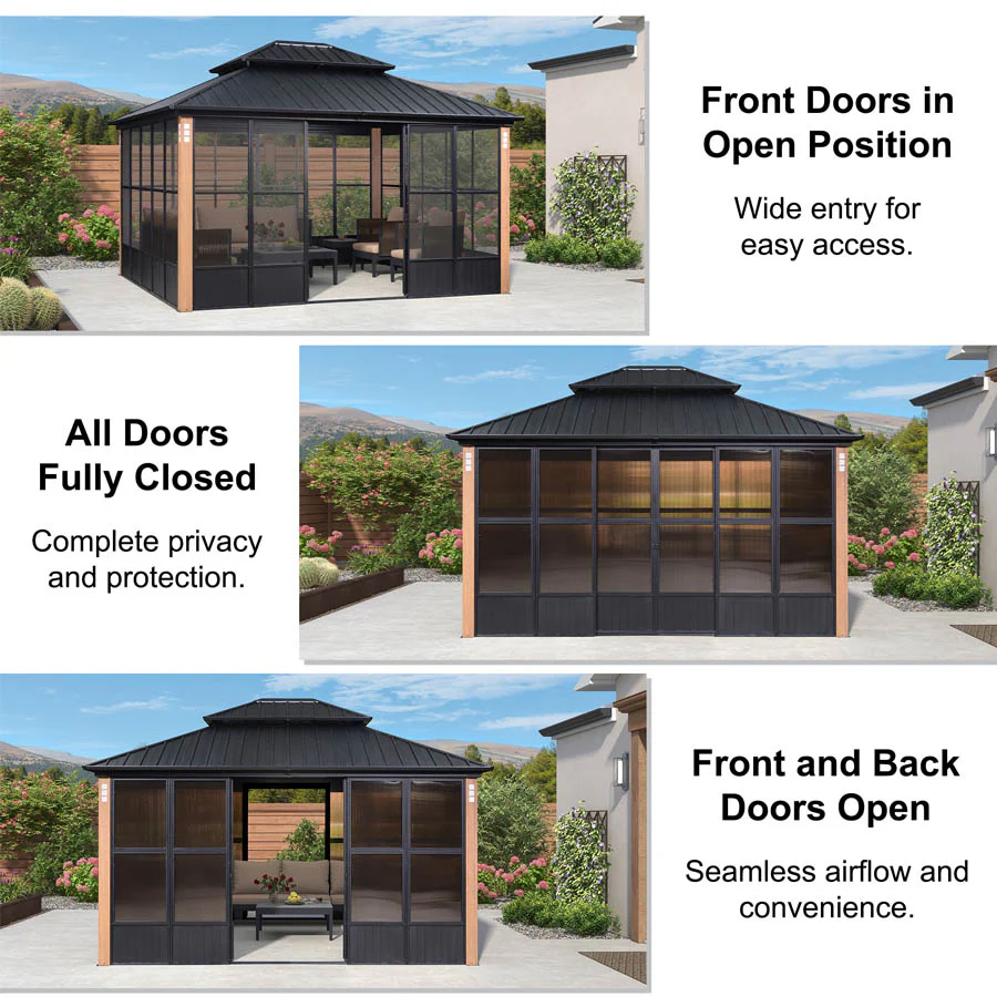 PURPLE LEAF Sunroom Hardtop Gazebo Solarium Wood Grain  Galvanized Steel Double Roof All-Weather Aluminum Outdoor Screen House - Image 46