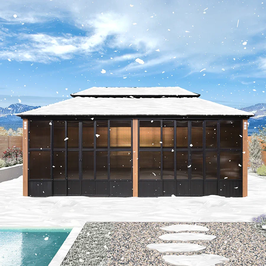 PURPLE LEAF Sunroom Hardtop Gazebo Solarium Wood Grain  Galvanized Steel Double Roof All-Weather Aluminum Outdoor Screen House - Image 55