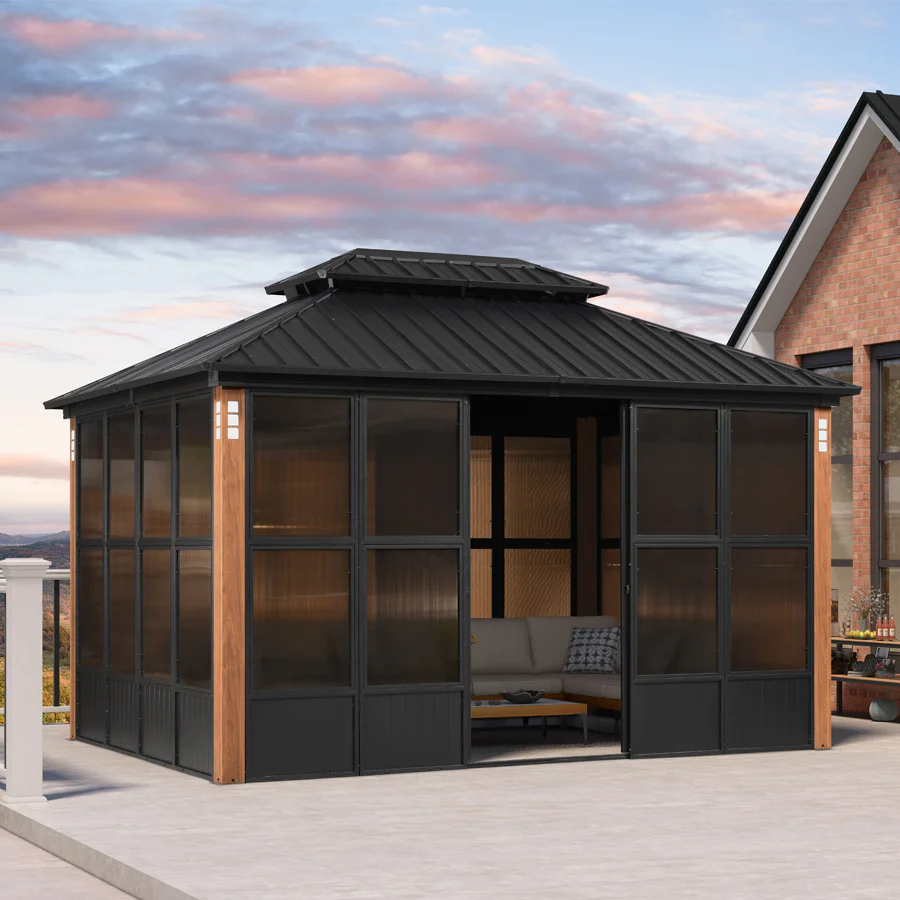 PURPLE LEAF Sunroom Hardtop Gazebo Solarium Wood Grain  Galvanized Steel Double Roof All-Weather Aluminum Outdoor Screen House - Image 56