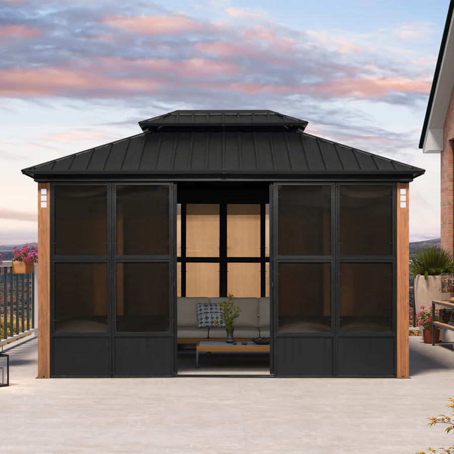 PURPLE LEAF Sunroom Hardtop Gazebo Solarium Wood Grain  Galvanized Steel Double Roof All-Weather Aluminum Outdoor Screen House - Image 57