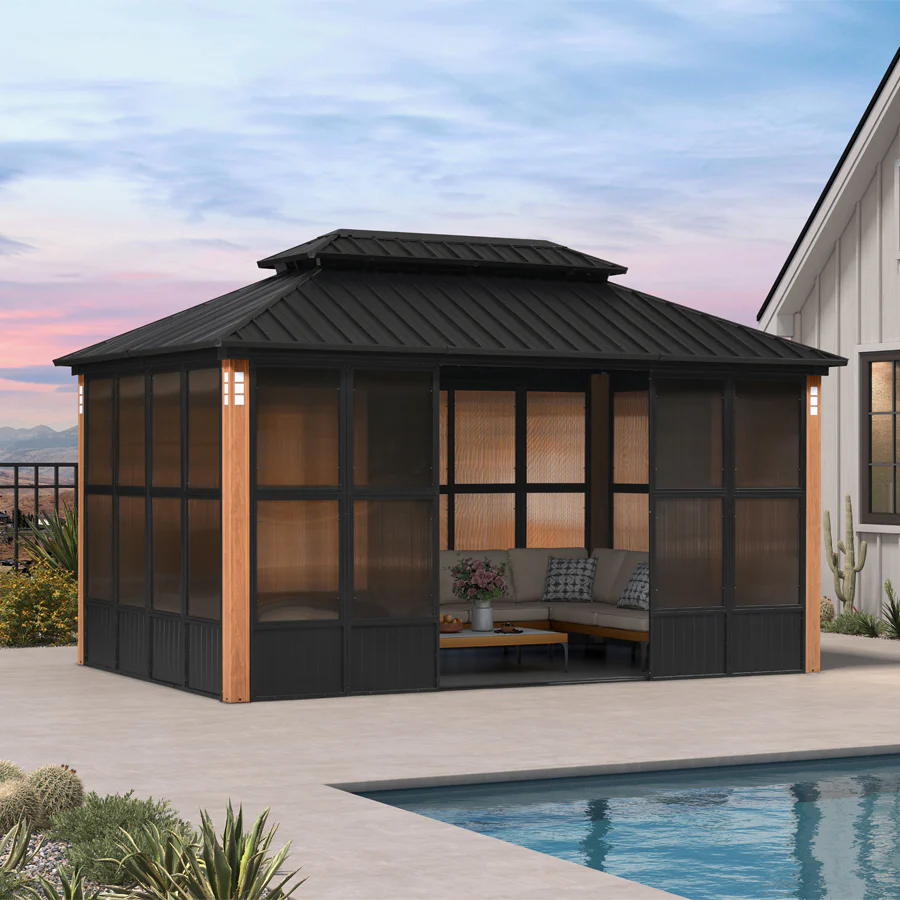 PURPLE LEAF Sunroom Hardtop Gazebo Solarium Wood Grain  Galvanized Steel Double Roof All-Weather Aluminum Outdoor Screen House - Image 58