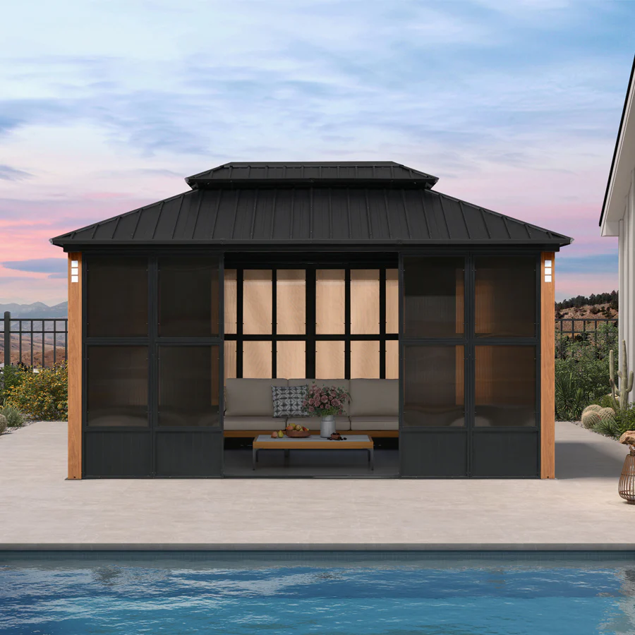 PURPLE LEAF Sunroom Hardtop Gazebo Solarium Wood Grain  Galvanized Steel Double Roof All-Weather Aluminum Outdoor Screen House - Image 59