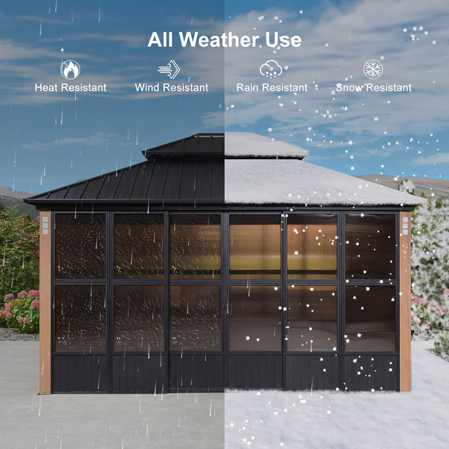 PURPLE LEAF Sunroom Hardtop Gazebo Solarium Wood Grain  Galvanized Steel Double Roof All-Weather Aluminum Outdoor Screen House - Image 62