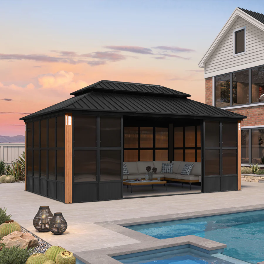 PURPLE LEAF Sunroom Hardtop Gazebo Solarium Wood Grain  Galvanized Steel Double Roof All-Weather Aluminum Outdoor Screen House - Image 72