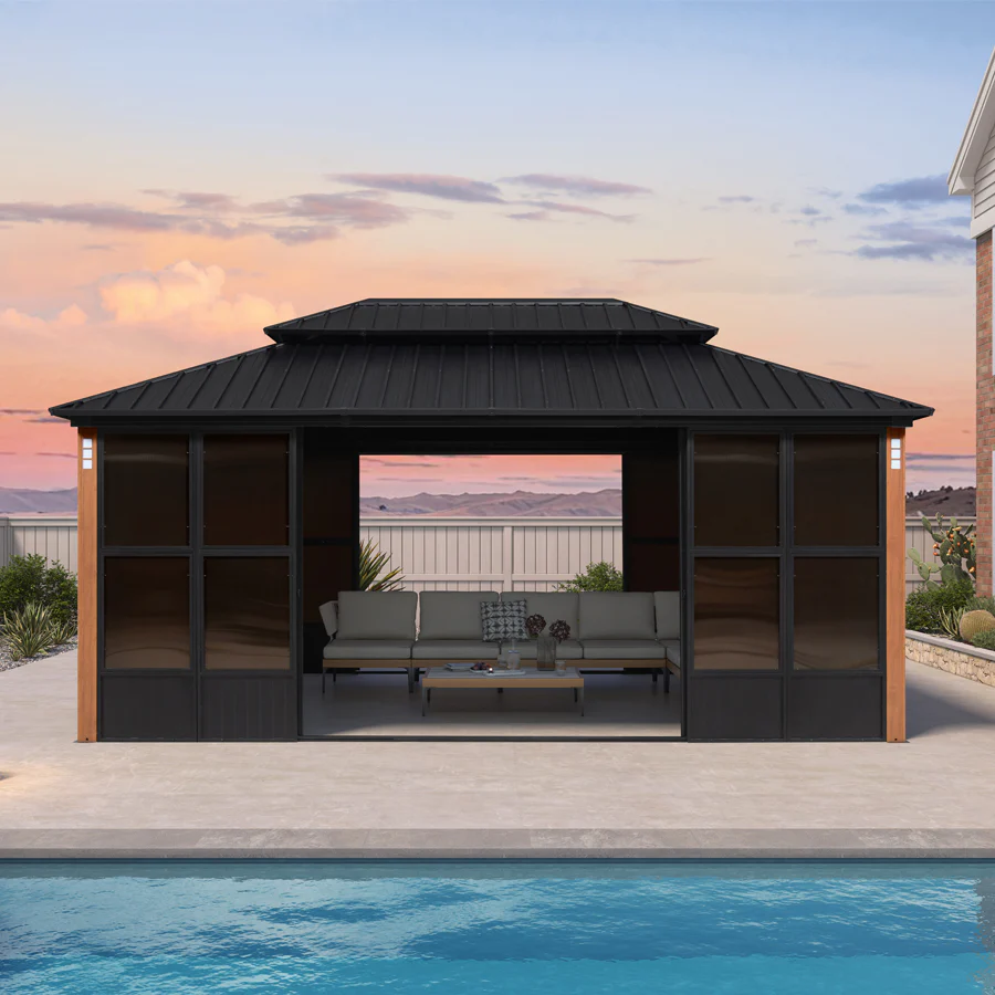 PURPLE LEAF Sunroom Hardtop Gazebo Solarium Wood Grain  Galvanized Steel Double Roof All-Weather Aluminum Outdoor Screen House - Image 73