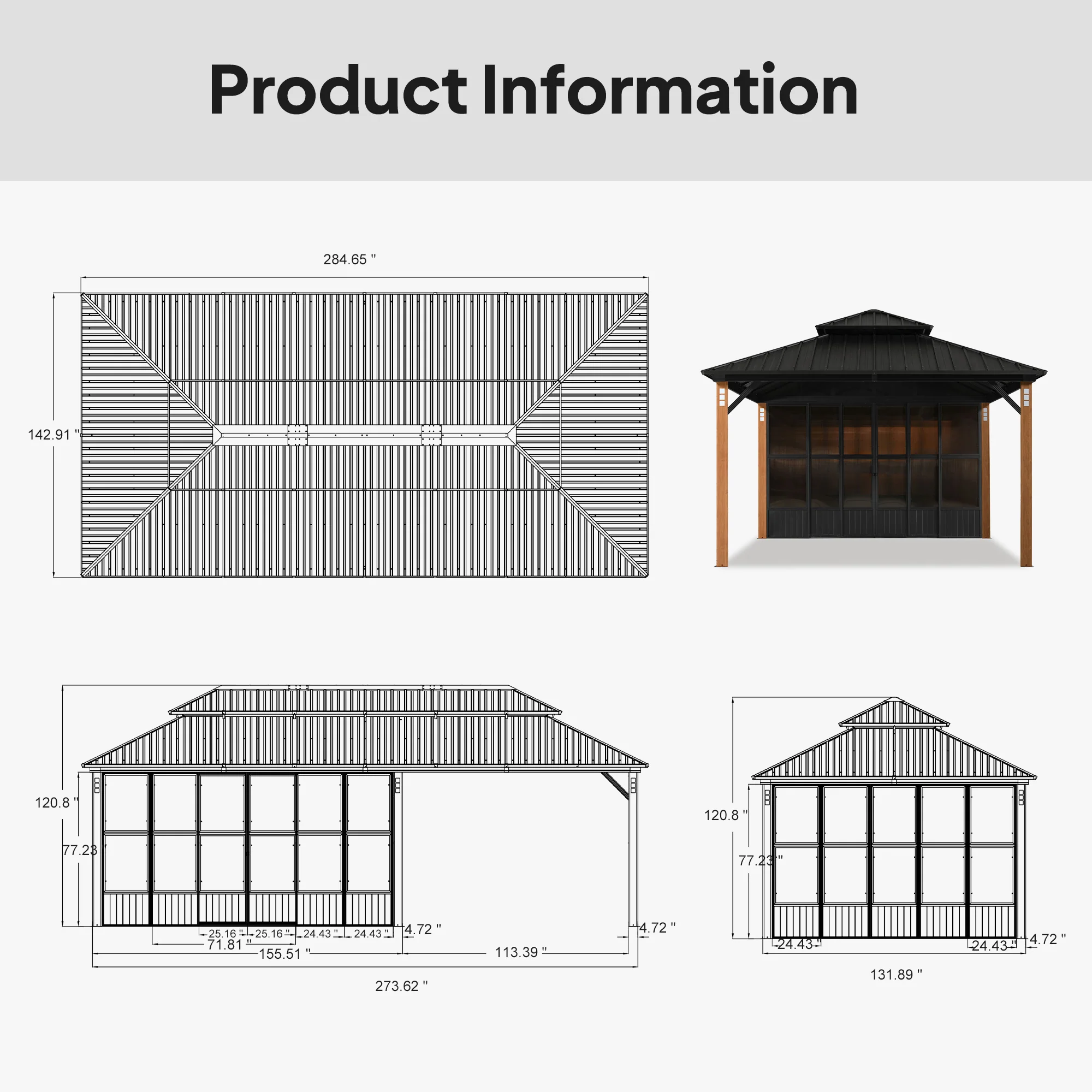 PURPLE LEAF Sunroom Hardtop Gazebo Solarium Wood Grain  Galvanized Steel Double Roof All-Weather Aluminum Outdoor Screen House - Image 74