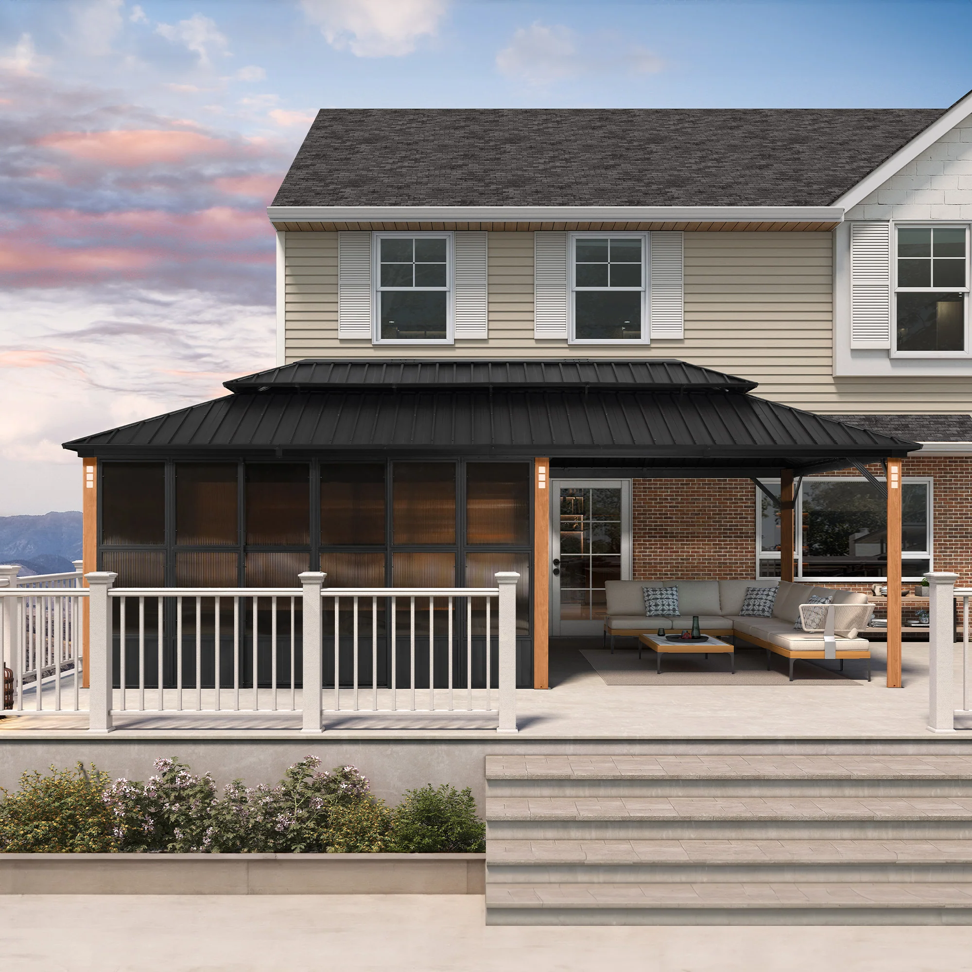 PURPLE LEAF Sunroom Hardtop Gazebo Solarium Wood Grain  Galvanized Steel Double Roof All-Weather Aluminum Outdoor Screen House - Image 77