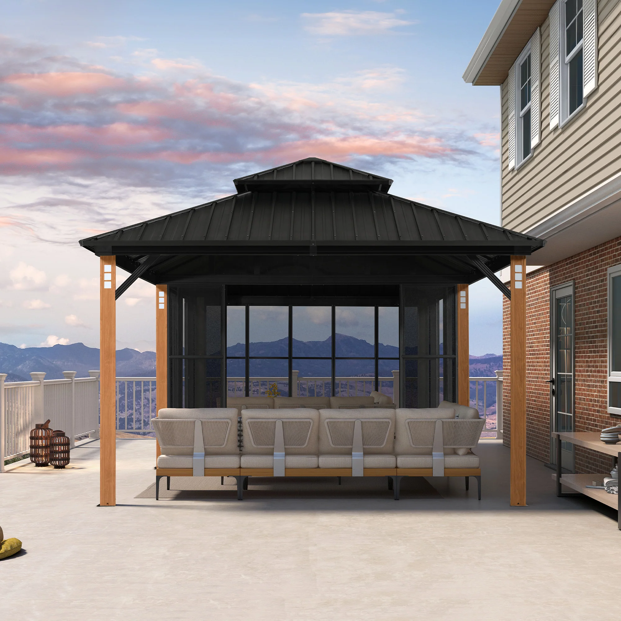 PURPLE LEAF Sunroom Hardtop Gazebo Solarium Wood Grain  Galvanized Steel Double Roof All-Weather Aluminum Outdoor Screen House - Image 78