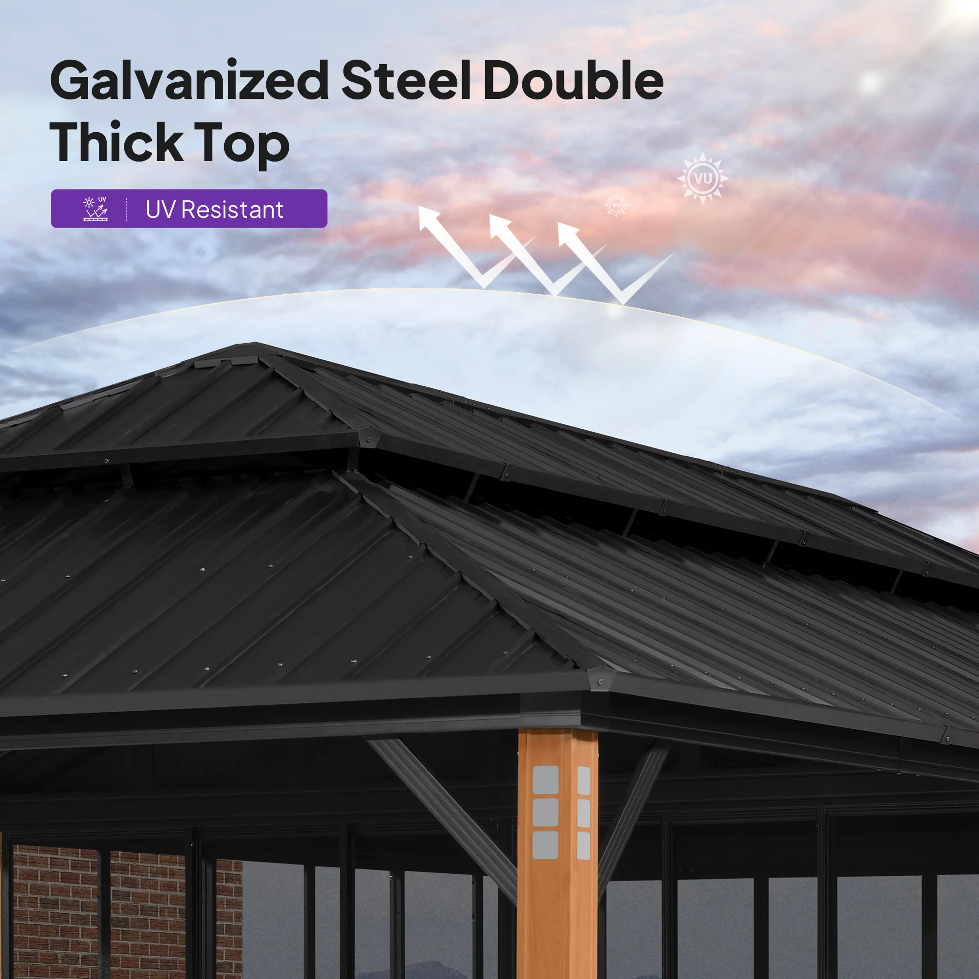 PURPLE LEAF Sunroom Hardtop Gazebo Solarium Wood Grain  Galvanized Steel Double Roof All-Weather Aluminum Outdoor Screen House - Image 80