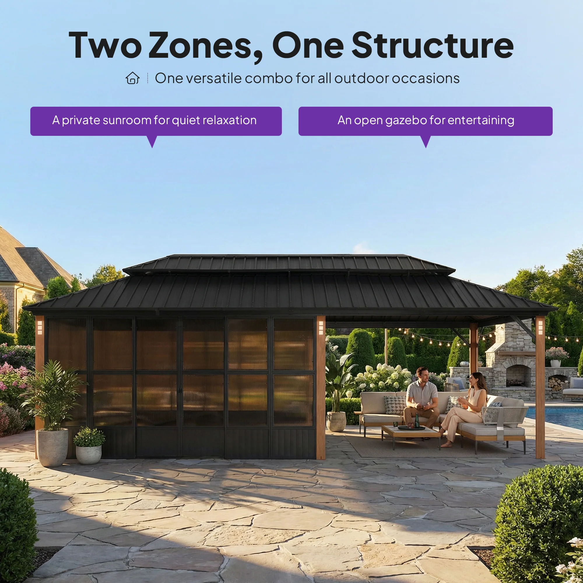 PURPLE LEAF Sunroom Hardtop Gazebo Solarium Wood Grain  Galvanized Steel Double Roof All-Weather Aluminum Outdoor Screen House - Image 81