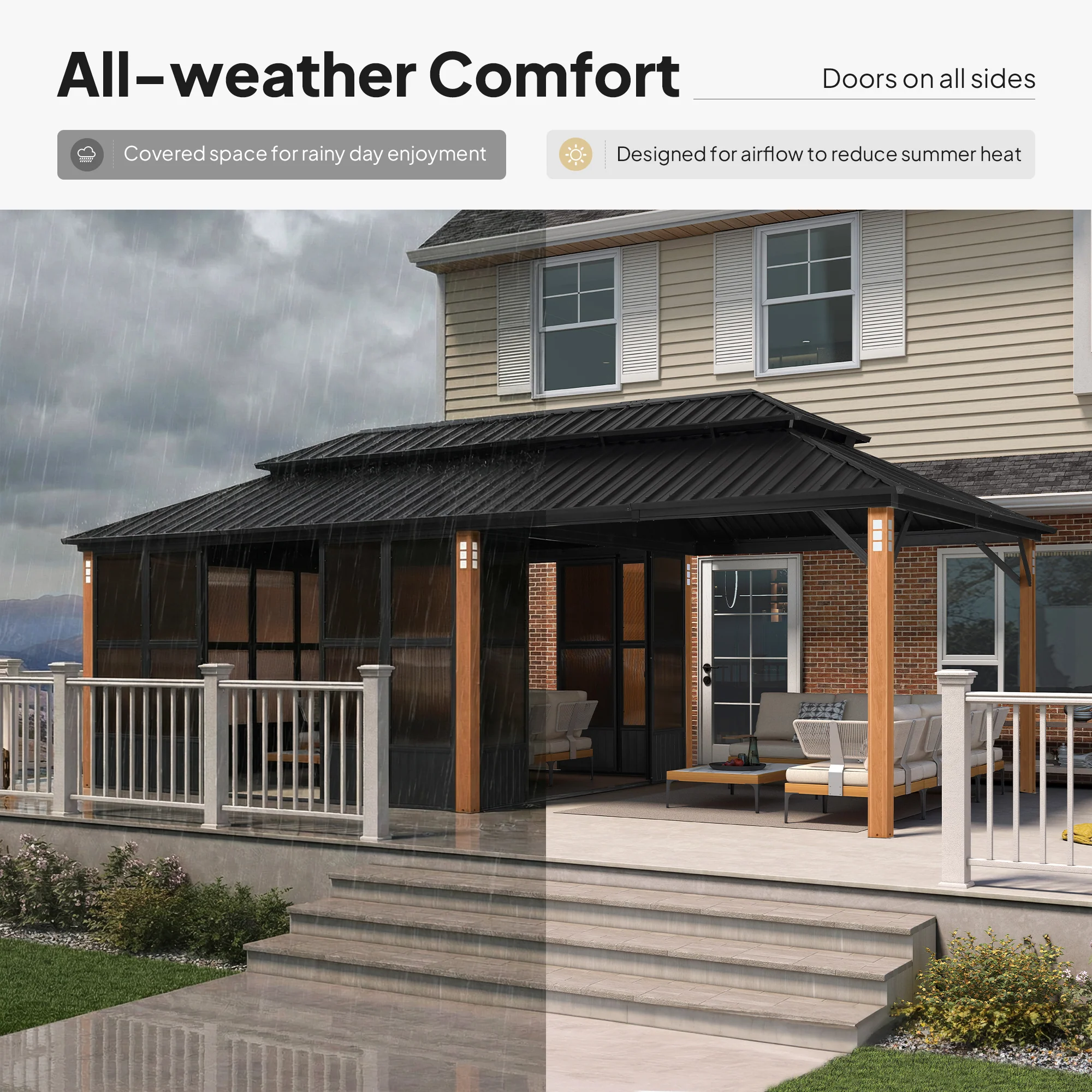 PURPLE LEAF Sunroom Hardtop Gazebo Solarium Wood Grain  Galvanized Steel Double Roof All-Weather Aluminum Outdoor Screen House - Image 82