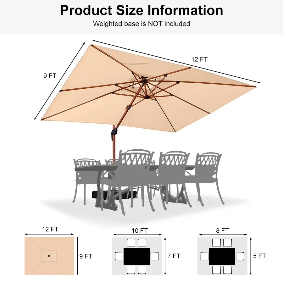 PURPLE LEAF 9 x 12 / 10 x 13 ft Rectangular Patio Umbrella Aluminum Cantilever Umbrella in Wood Color - Image 129
