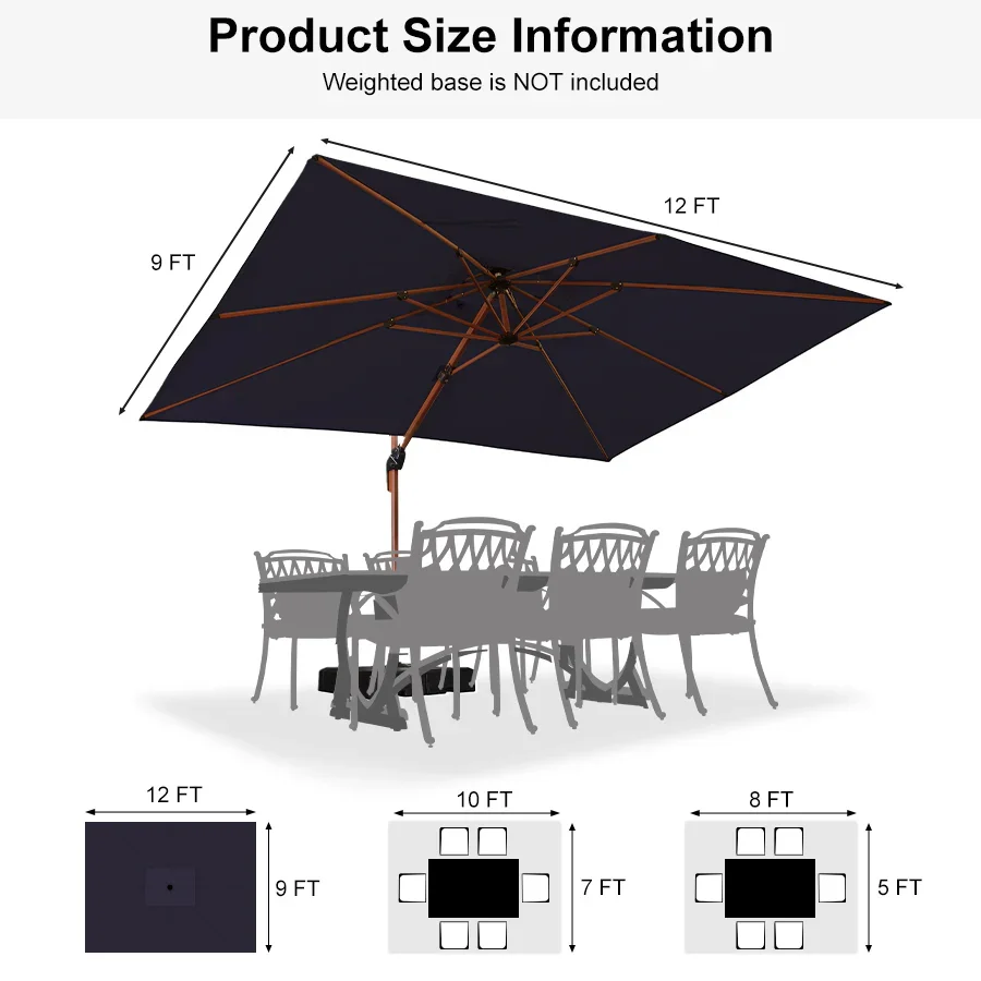 PURPLE LEAF 9 x 12 / 10 x 13 ft Rectangular Patio Umbrella Aluminum Cantilever Umbrella in Wood Color - Image 130