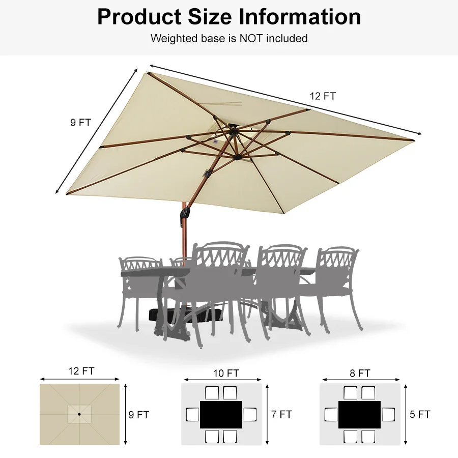 PURPLE LEAF 9 x 12 / 10 x 13 ft Rectangular Patio Umbrella Aluminum Cantilever Umbrella in Wood Color - Image 131