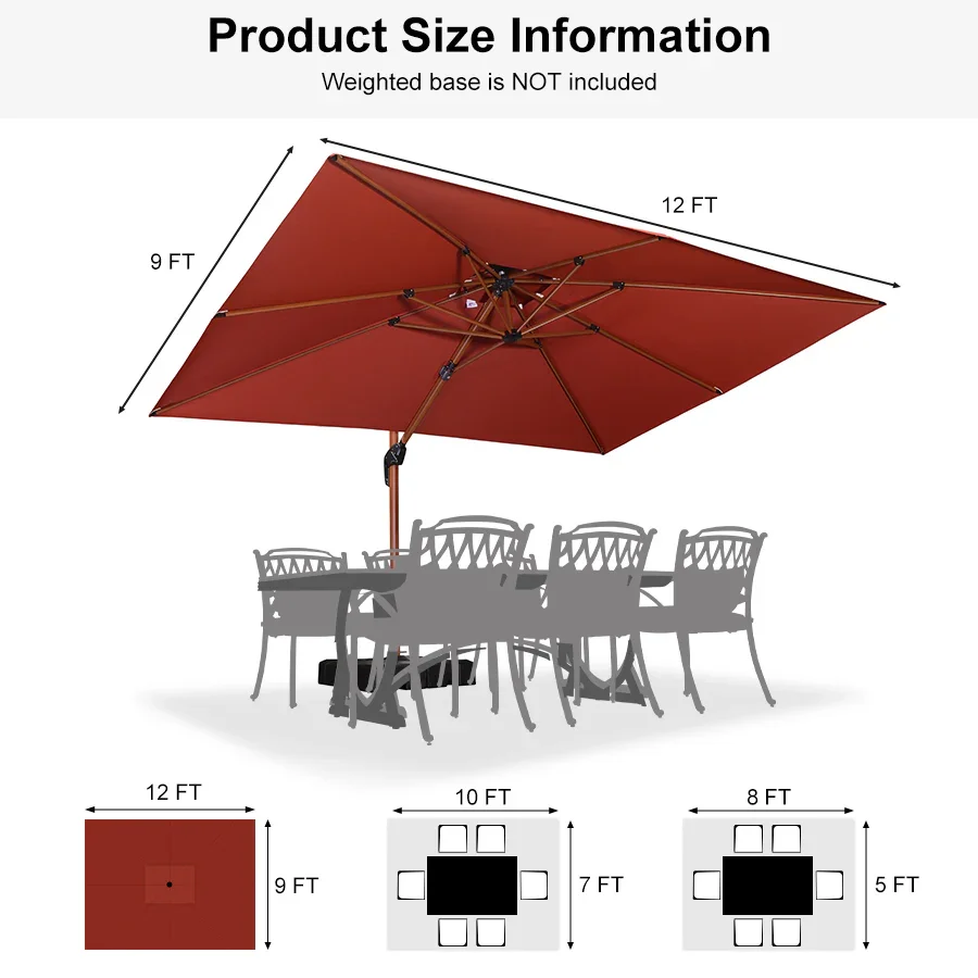 PURPLE LEAF 9 x 12 / 10 x 13 ft Rectangular Patio Umbrella Aluminum Cantilever Umbrella in Wood Color - Image 132