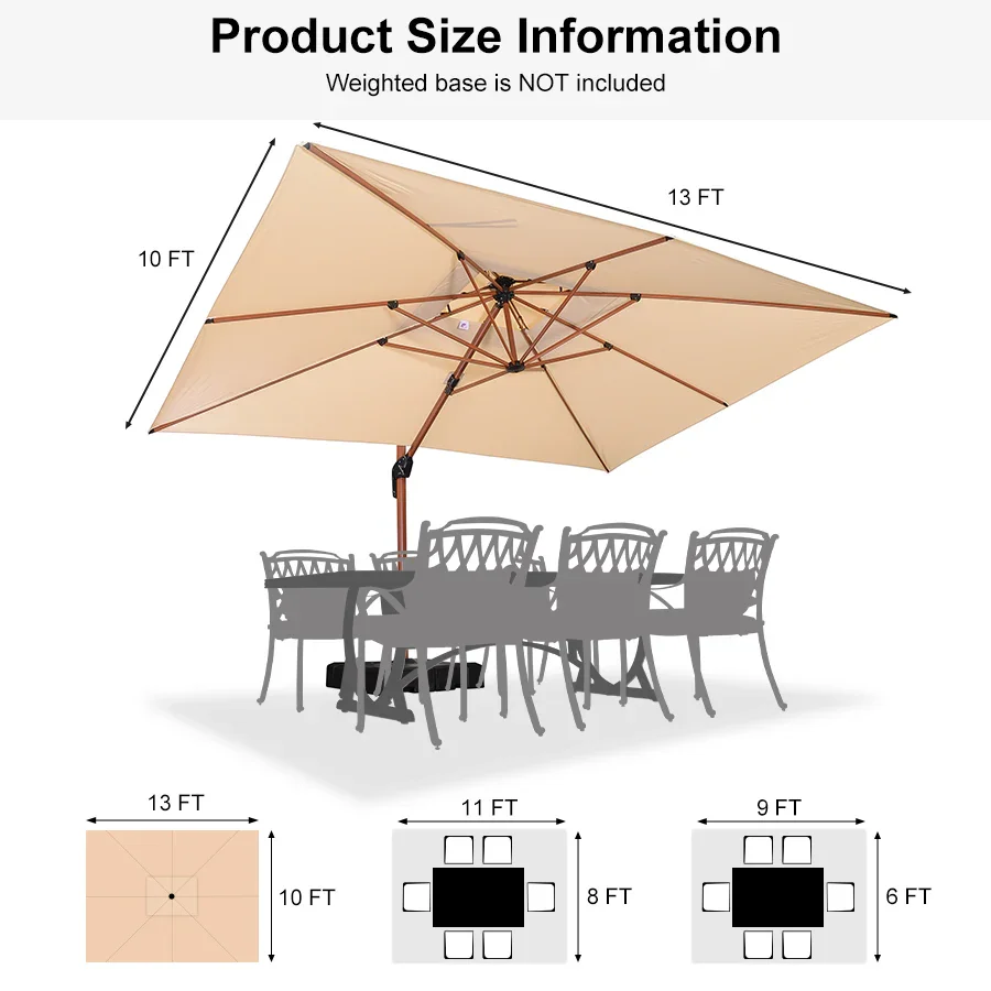 PURPLE LEAF 9 x 12 / 10 x 13 ft Rectangular Patio Umbrella Aluminum Cantilever Umbrella in Wood Color - Image 134