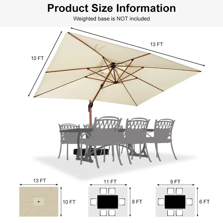 PURPLE LEAF 9 x 12 / 10 x 13 ft Rectangular Patio Umbrella Aluminum Cantilever Umbrella in Wood Color - Image 136