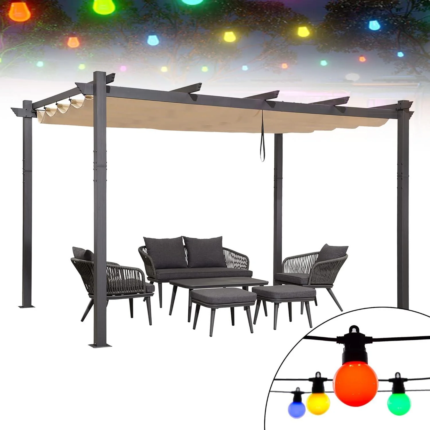 PURPLE LEAF Outdoor Pergola with Retractable Canopy Aluminum Shelter for Porch Garden  Beach Shade Pavilion Pergola Modern Backyard Deck - Image 152