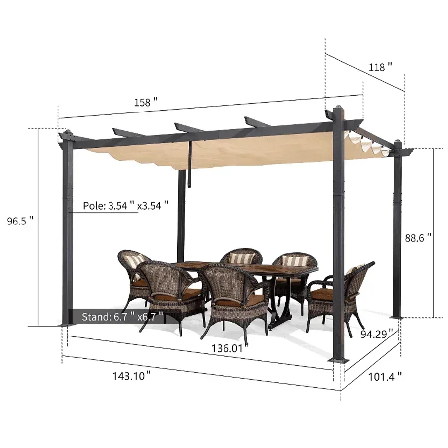 PURPLE LEAF Outdoor Pergola with Retractable Canopy Aluminum Shelter for Porch Garden  Beach Shade Pavilion Pergola Modern Backyard Deck - Image 176