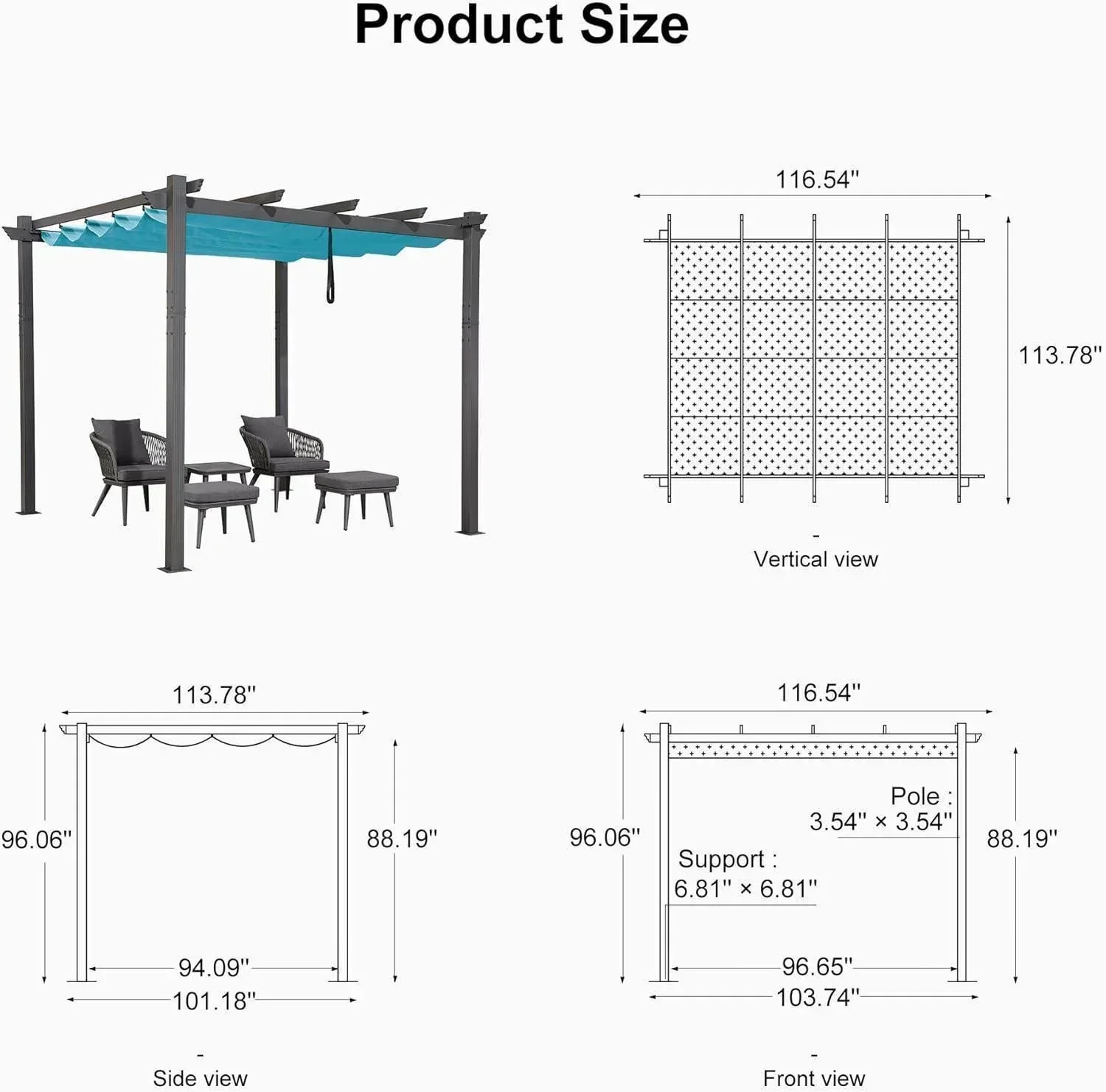 PURPLE LEAF Outdoor Pergola with Retractable Canopy Aluminum Shelter for Porch Garden  Beach Shade Pavilion Pergola Modern Backyard Deck - Image 194