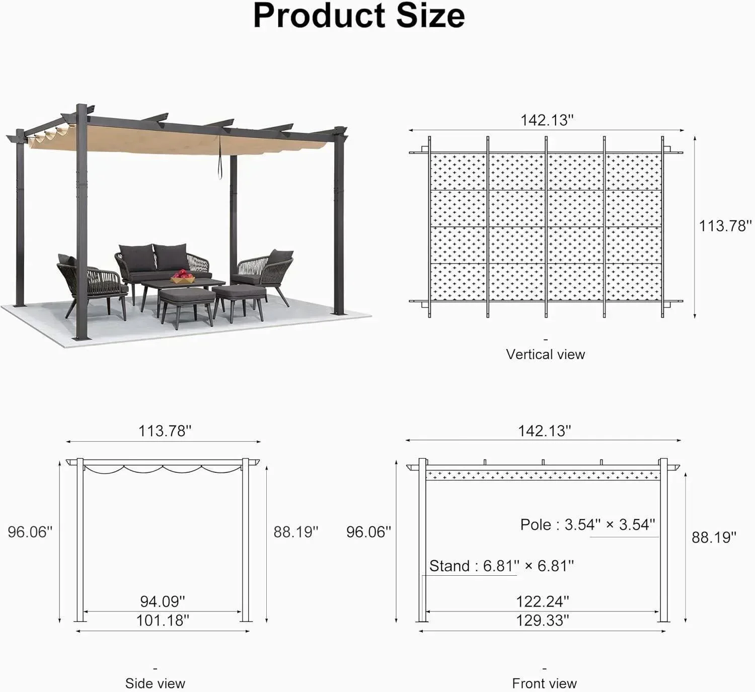 PURPLE LEAF Outdoor Pergola with Retractable Canopy Aluminum Shelter for Porch Garden  Beach Shade Pavilion Pergola Modern Backyard Deck - Image 196