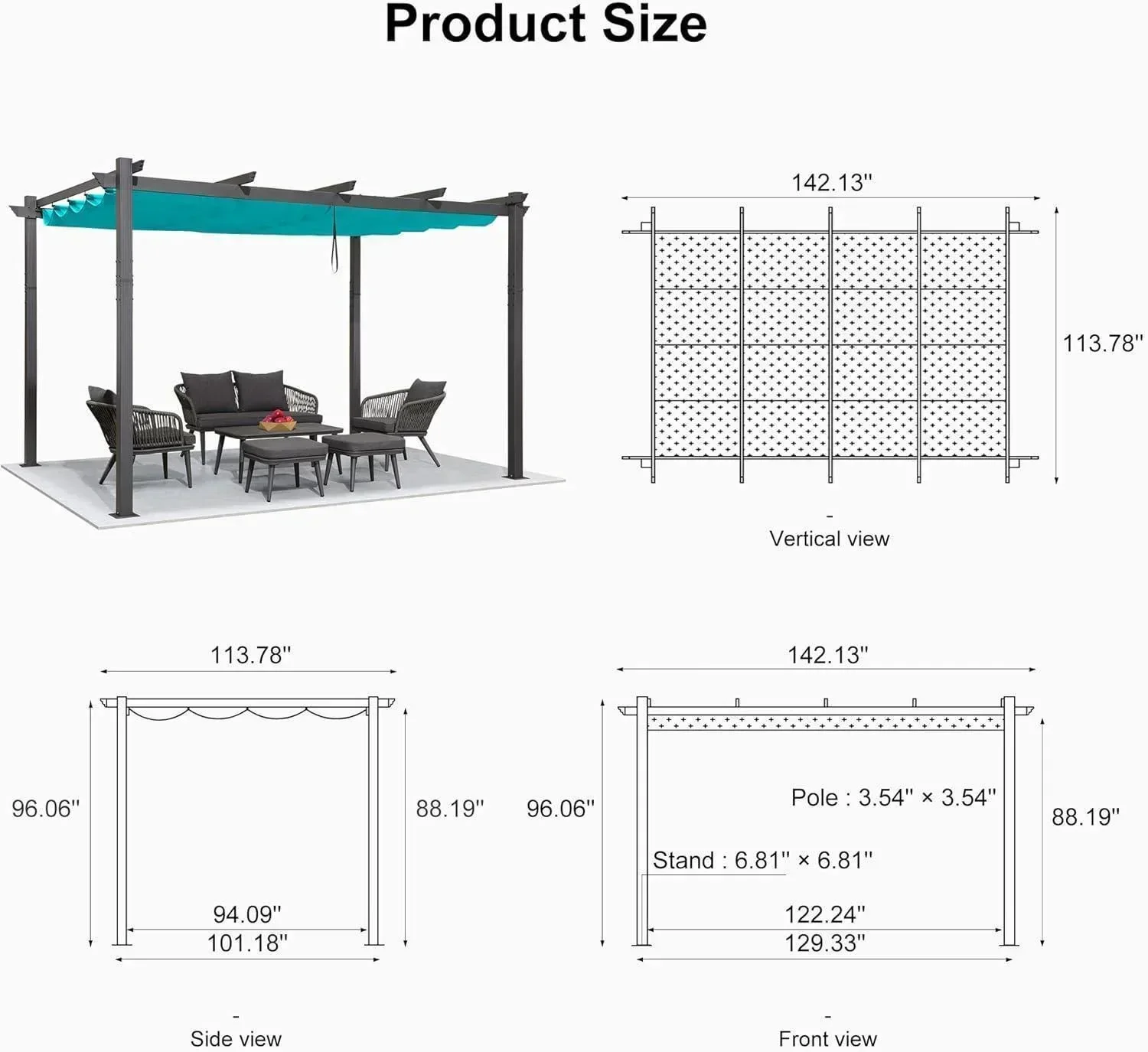 PURPLE LEAF Outdoor Pergola with Retractable Canopy Aluminum Shelter for Porch Garden  Beach Shade Pavilion Pergola Modern Backyard Deck - Image 197