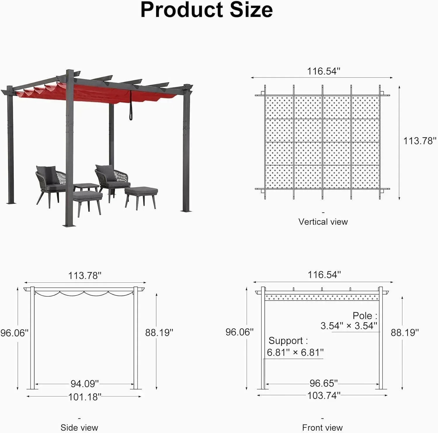PURPLE LEAF Outdoor Pergola with Retractable Canopy Aluminum Shelter for Porch Garden  Beach Shade Pavilion Pergola Modern Backyard Deck - Image 198
