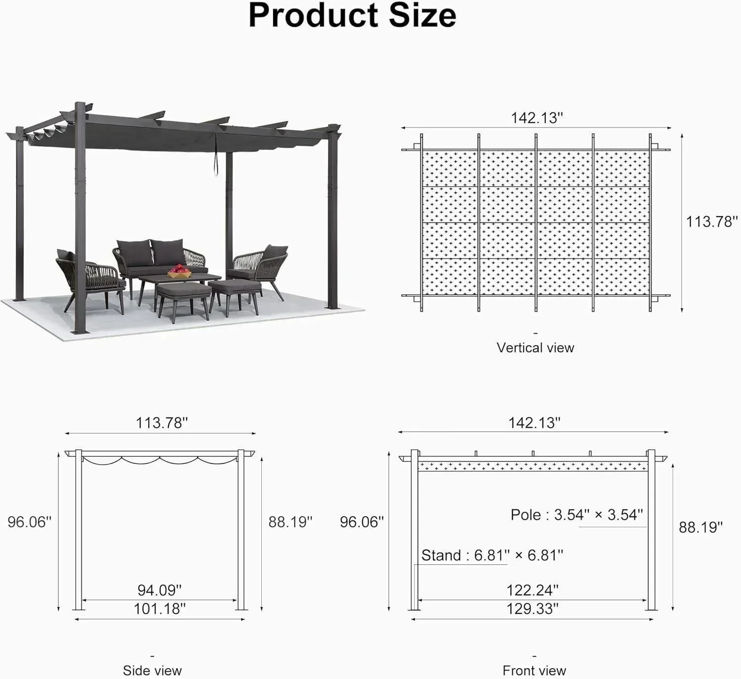 PURPLE LEAF Outdoor Pergola with Retractable Canopy Aluminum Shelter for Porch Garden  Beach Shade Pavilion Pergola Modern Backyard Deck - Image 199
