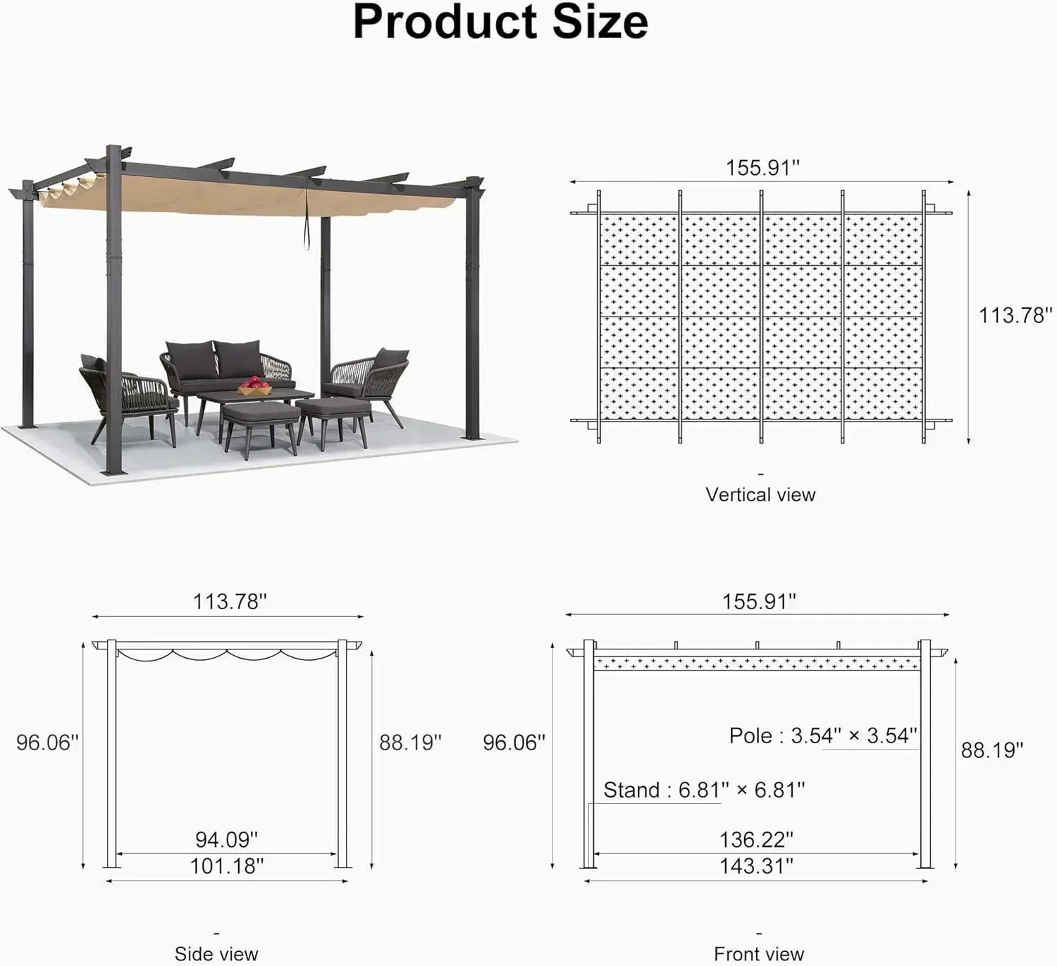 PURPLE LEAF Outdoor Pergola with Retractable Canopy Aluminum Shelter for Porch Garden  Beach Shade Pavilion Pergola Modern Backyard Deck - Image 201