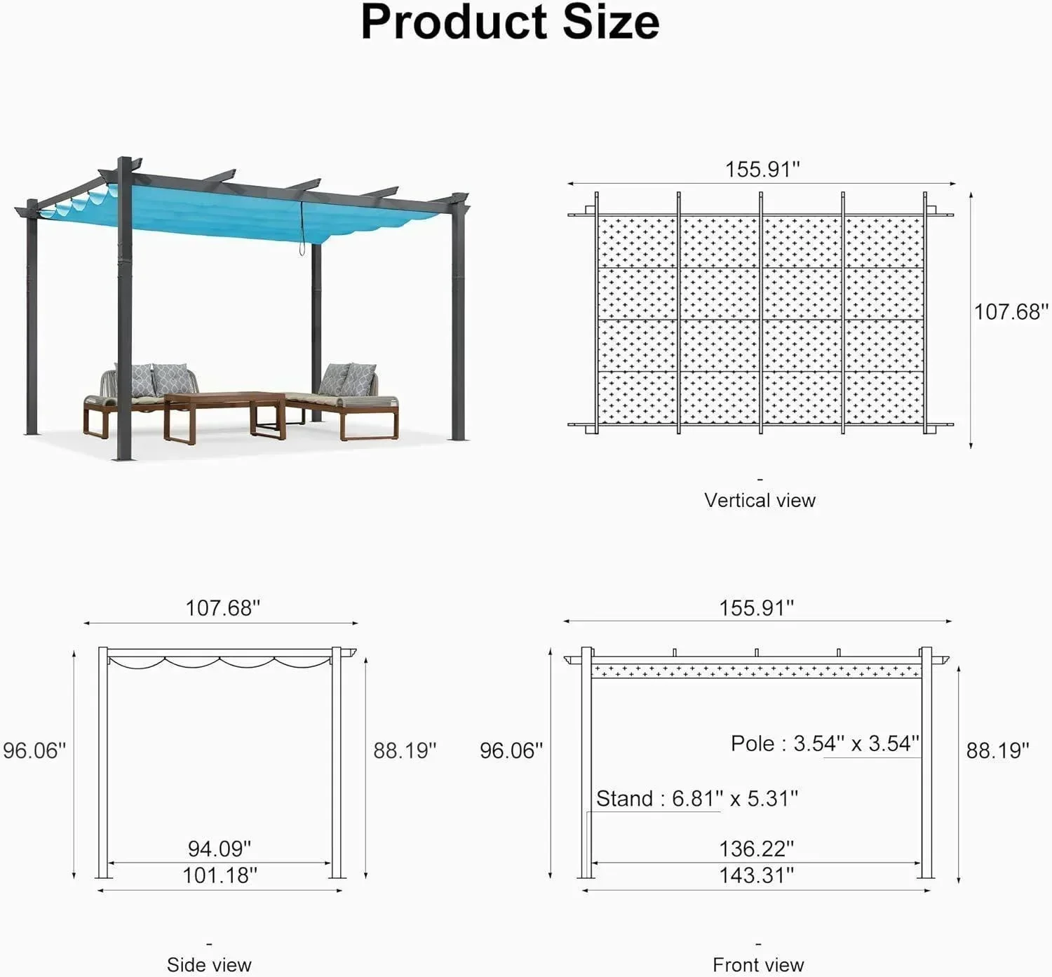 PURPLE LEAF Outdoor Pergola with Retractable Canopy Aluminum Shelter for Porch Garden  Beach Shade Pavilion Pergola Modern Backyard Deck - Image 205