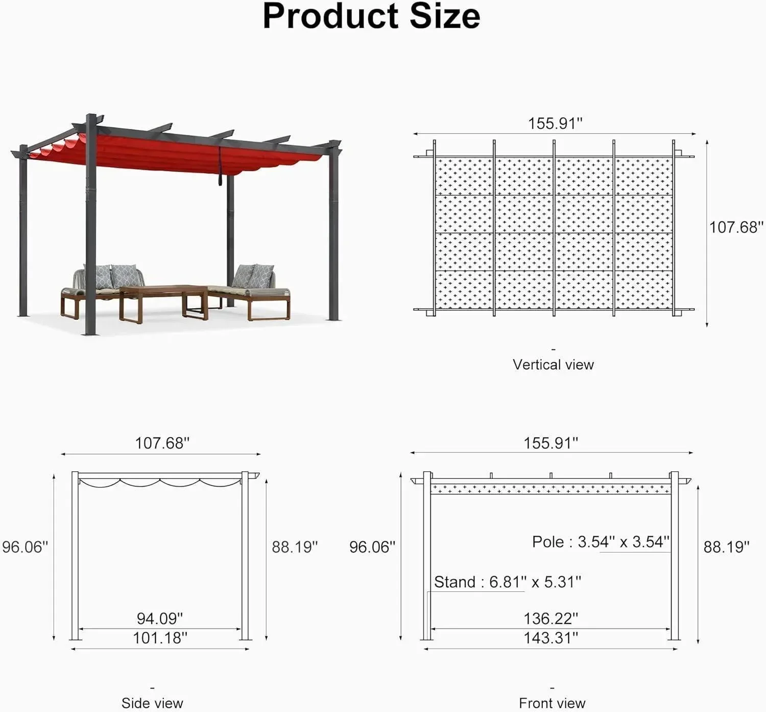 PURPLE LEAF Outdoor Pergola with Retractable Canopy Aluminum Shelter for Porch Garden  Beach Shade Pavilion Pergola Modern Backyard Deck - Image 206