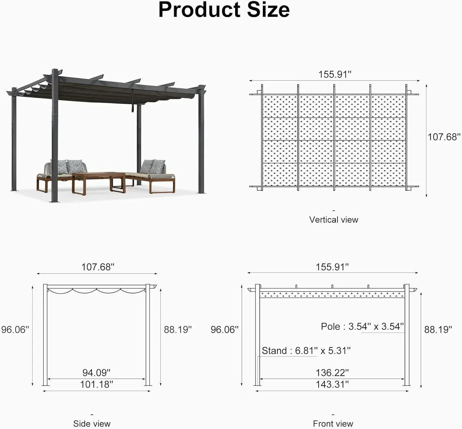 PURPLE LEAF Outdoor Pergola with Retractable Canopy Aluminum Shelter for Porch Garden  Beach Shade Pavilion Pergola Modern Backyard Deck - Image 208