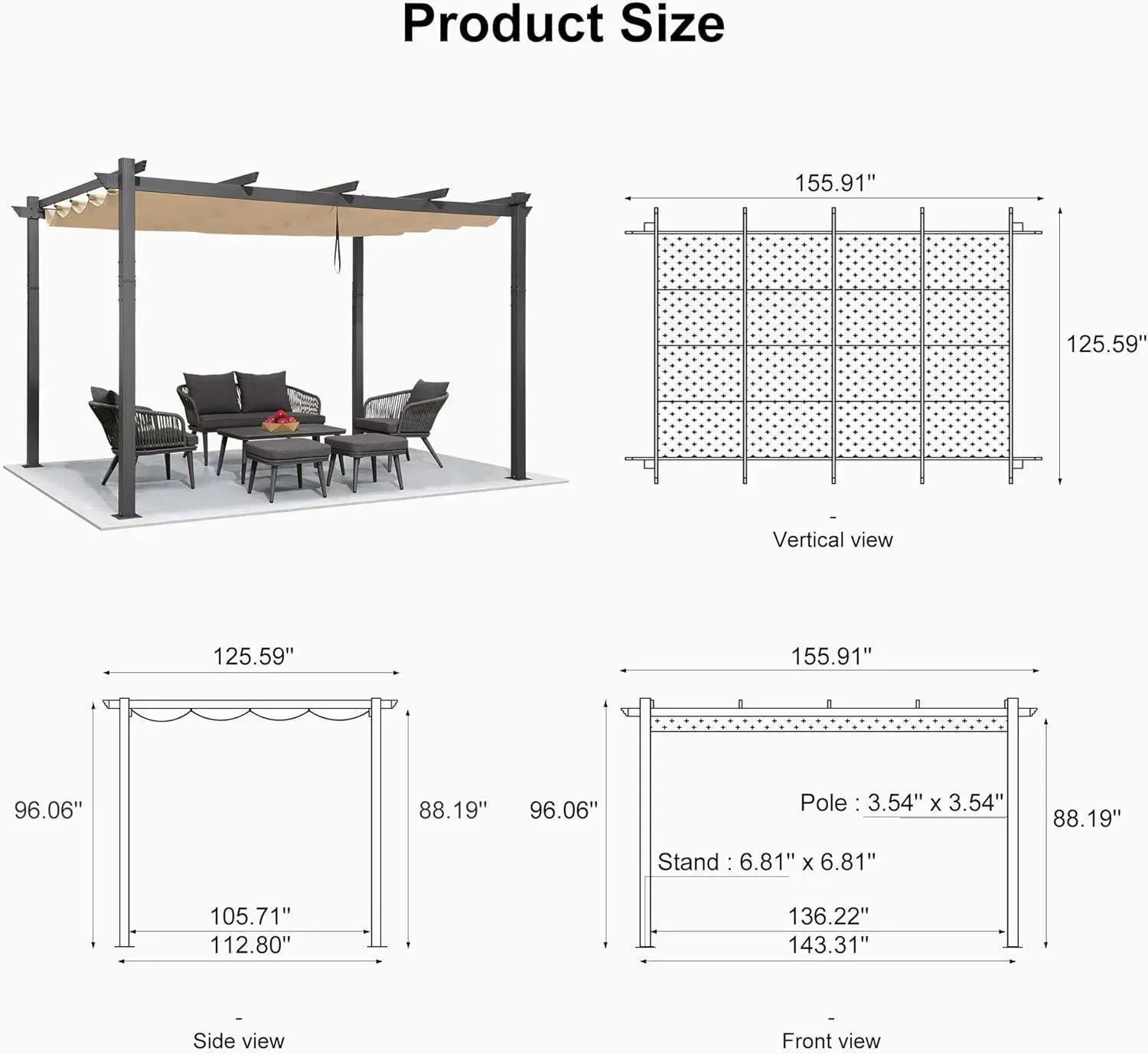 PURPLE LEAF Outdoor Pergola with Retractable Canopy Aluminum Shelter for Porch Garden  Beach Shade Pavilion Pergola Modern Backyard Deck - Image 210