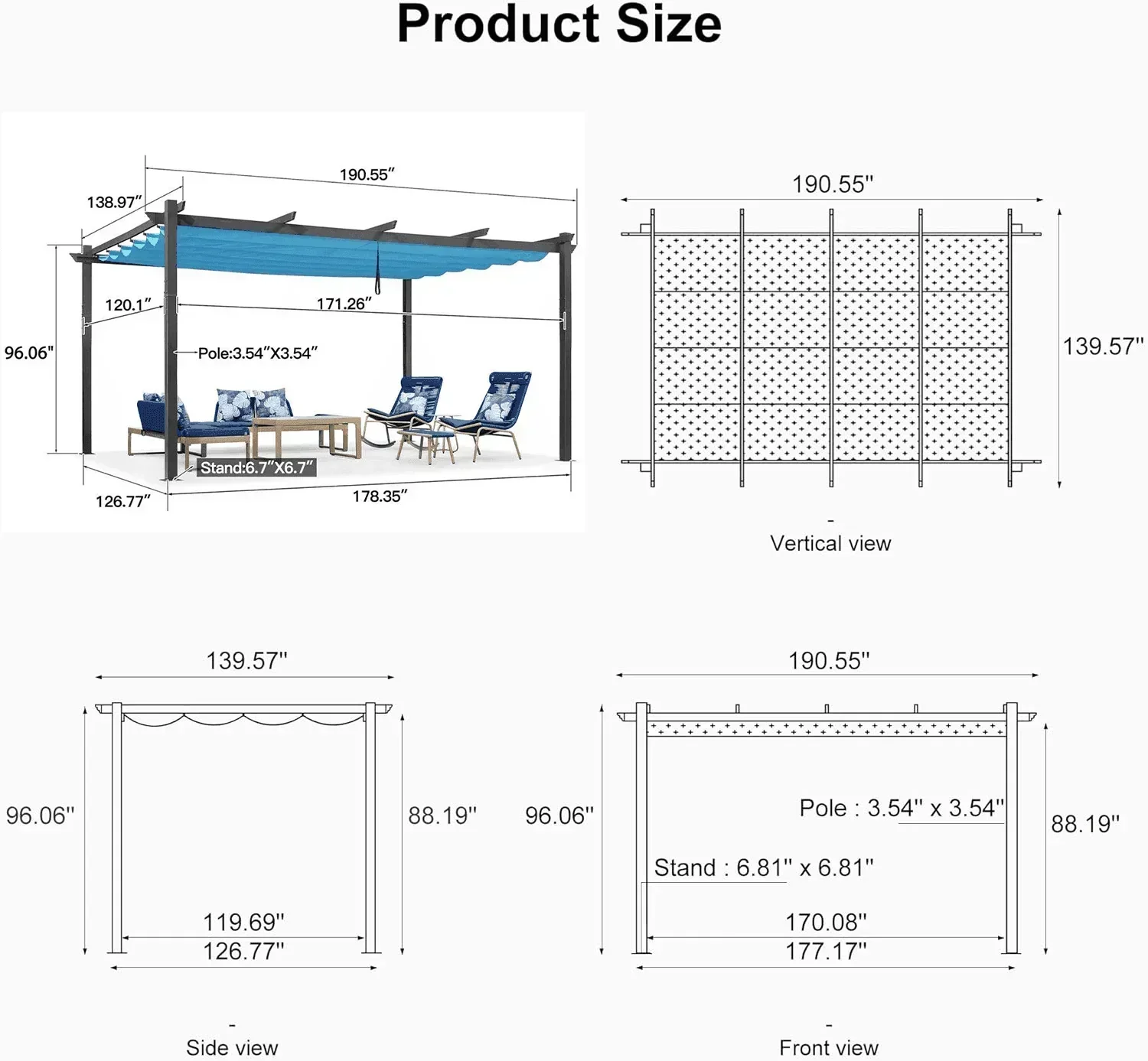 PURPLE LEAF Outdoor Pergola with Retractable Canopy Aluminum Shelter for Porch Garden  Beach Shade Pavilion Pergola Modern Backyard Deck - Image 214