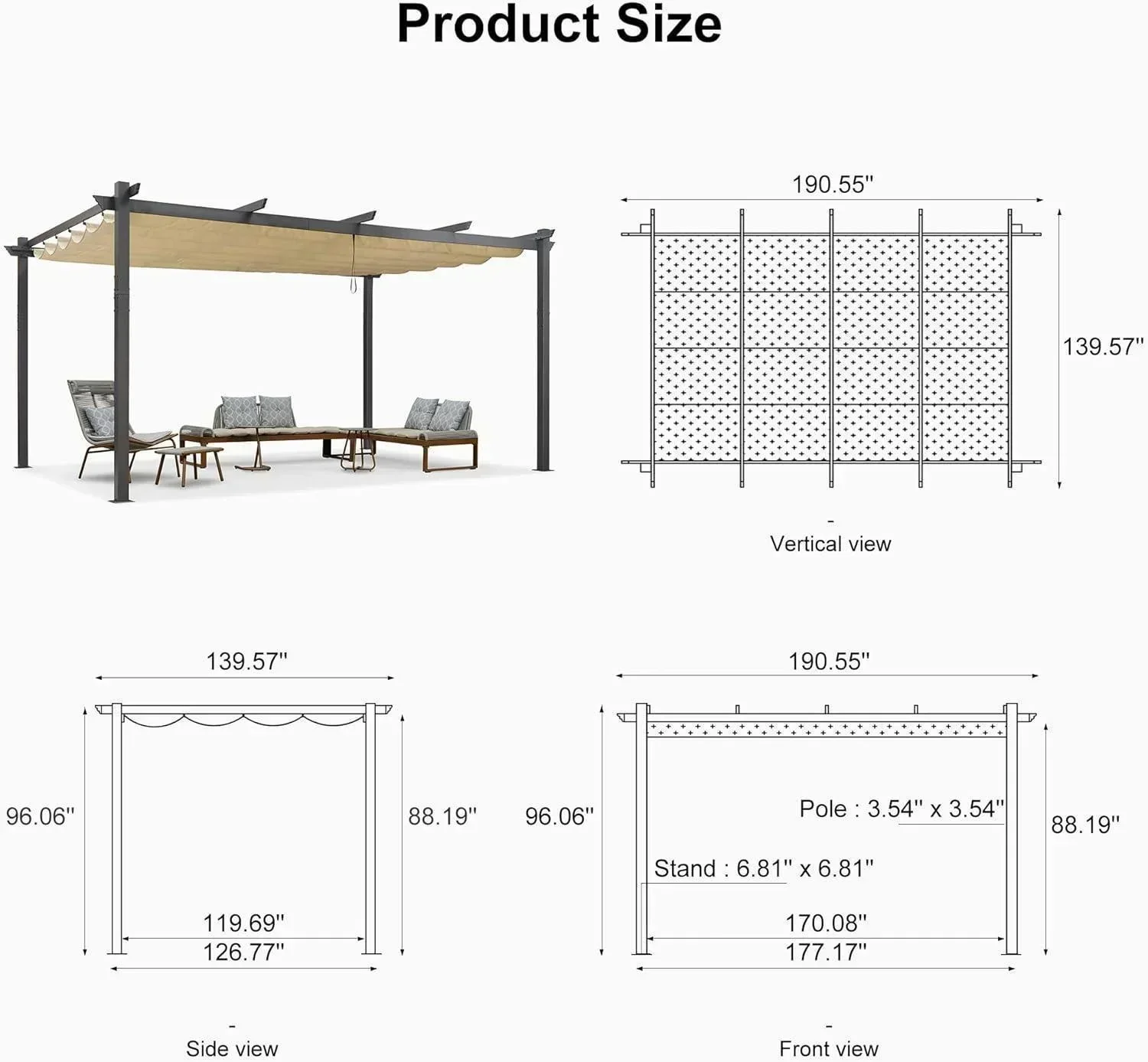 PURPLE LEAF Outdoor Pergola with Retractable Canopy Aluminum Shelter for Porch Garden  Beach Shade Pavilion Pergola Modern Backyard Deck - Image 215