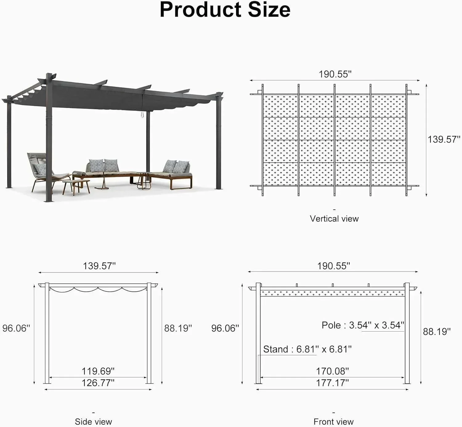 PURPLE LEAF Outdoor Pergola with Retractable Canopy Aluminum Shelter for Porch Garden  Beach Shade Pavilion Pergola Modern Backyard Deck - Image 216