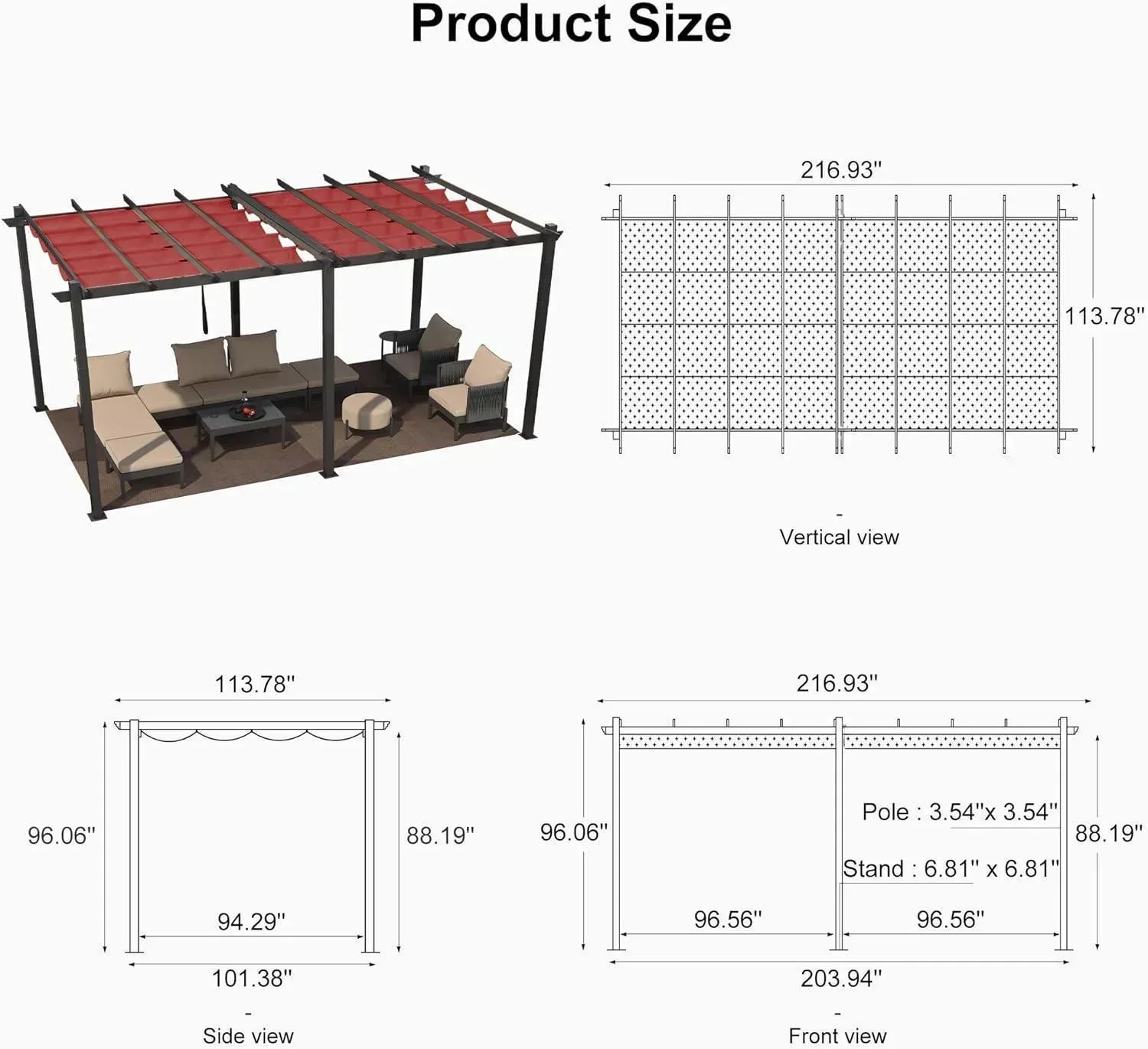 PURPLE LEAF Outdoor Pergola with Retractable Canopy Aluminum Shelter for Porch Garden  Beach Shade Pavilion Pergola Modern Backyard Deck - Image 217