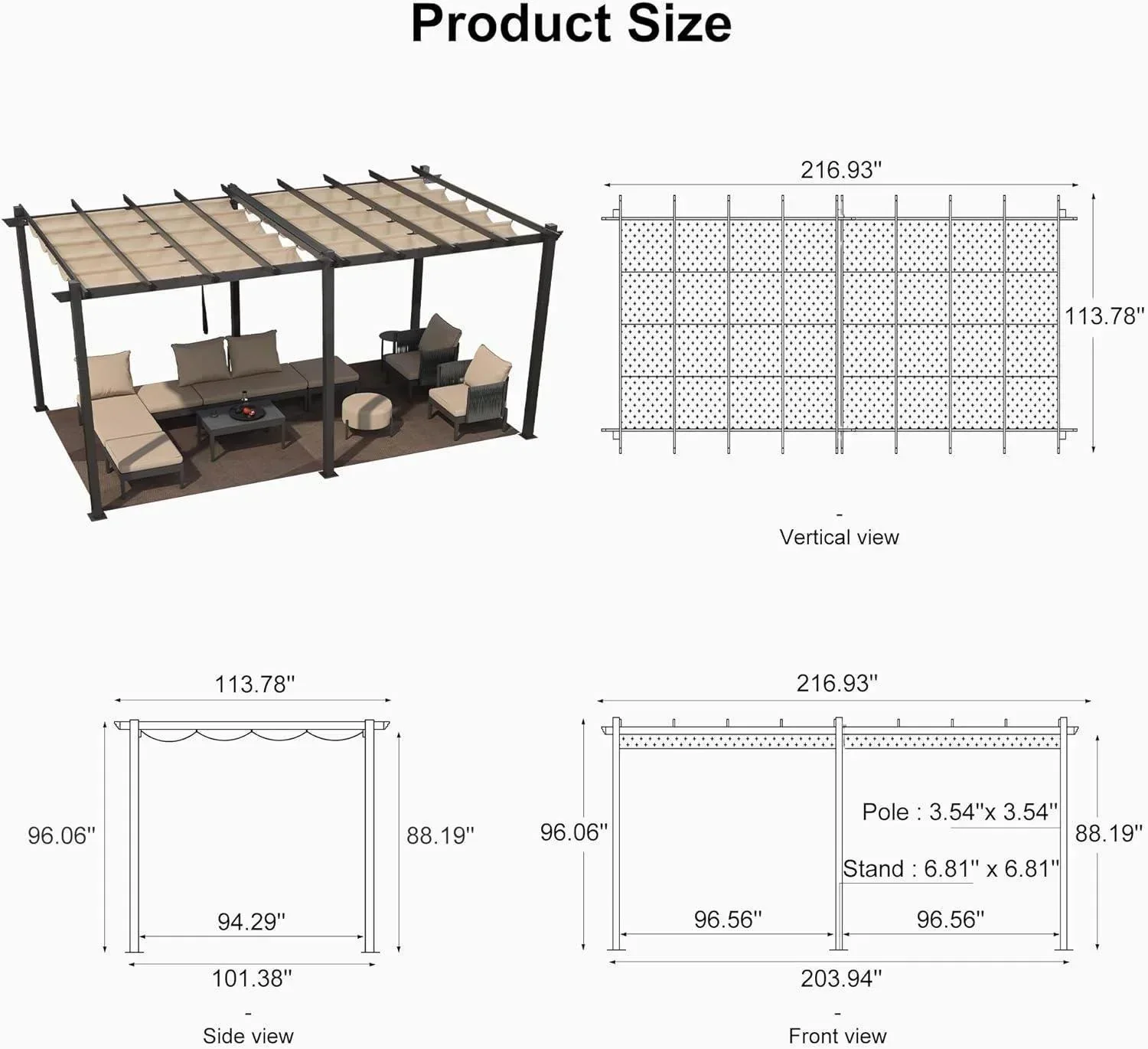 PURPLE LEAF Outdoor Pergola with Retractable Canopy Aluminum Shelter for Porch Garden  Beach Shade Pavilion Pergola Modern Backyard Deck - Image 219