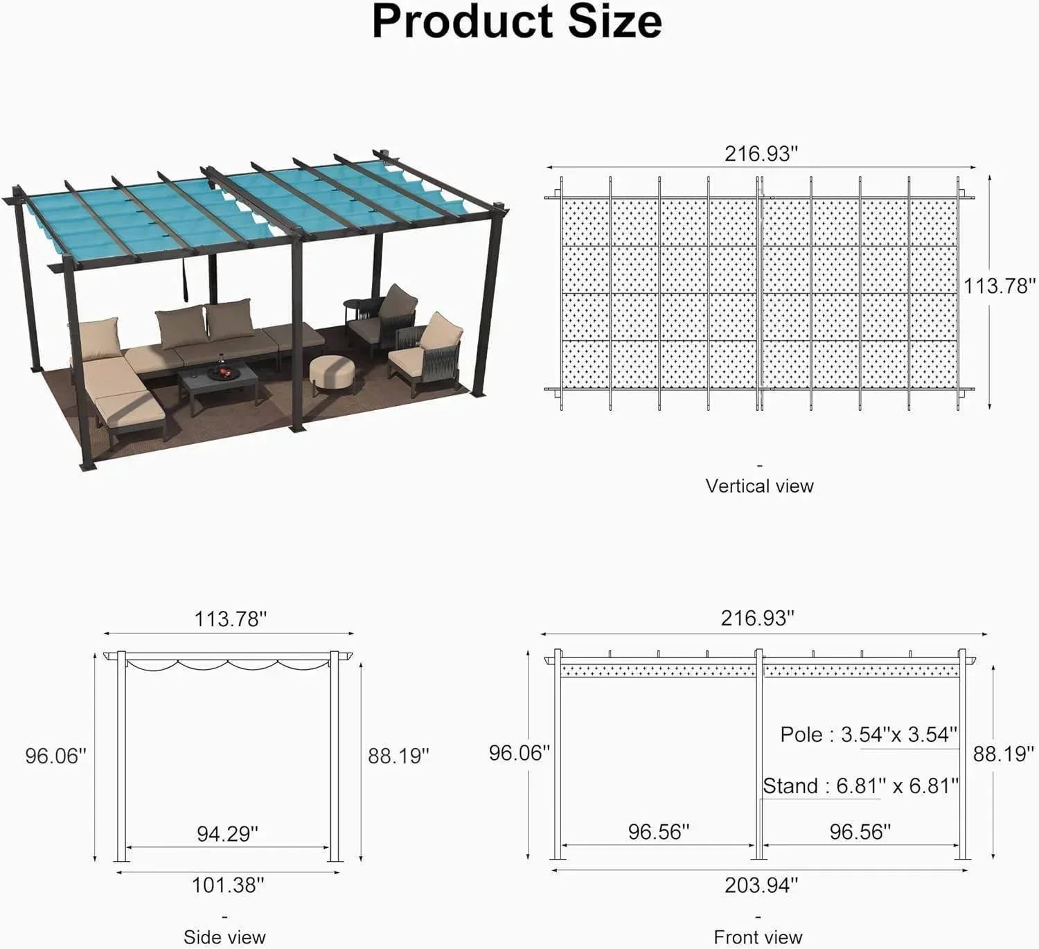 PURPLE LEAF Outdoor Pergola with Retractable Canopy Aluminum Shelter for Porch Garden  Beach Shade Pavilion Pergola Modern Backyard Deck - Image 220