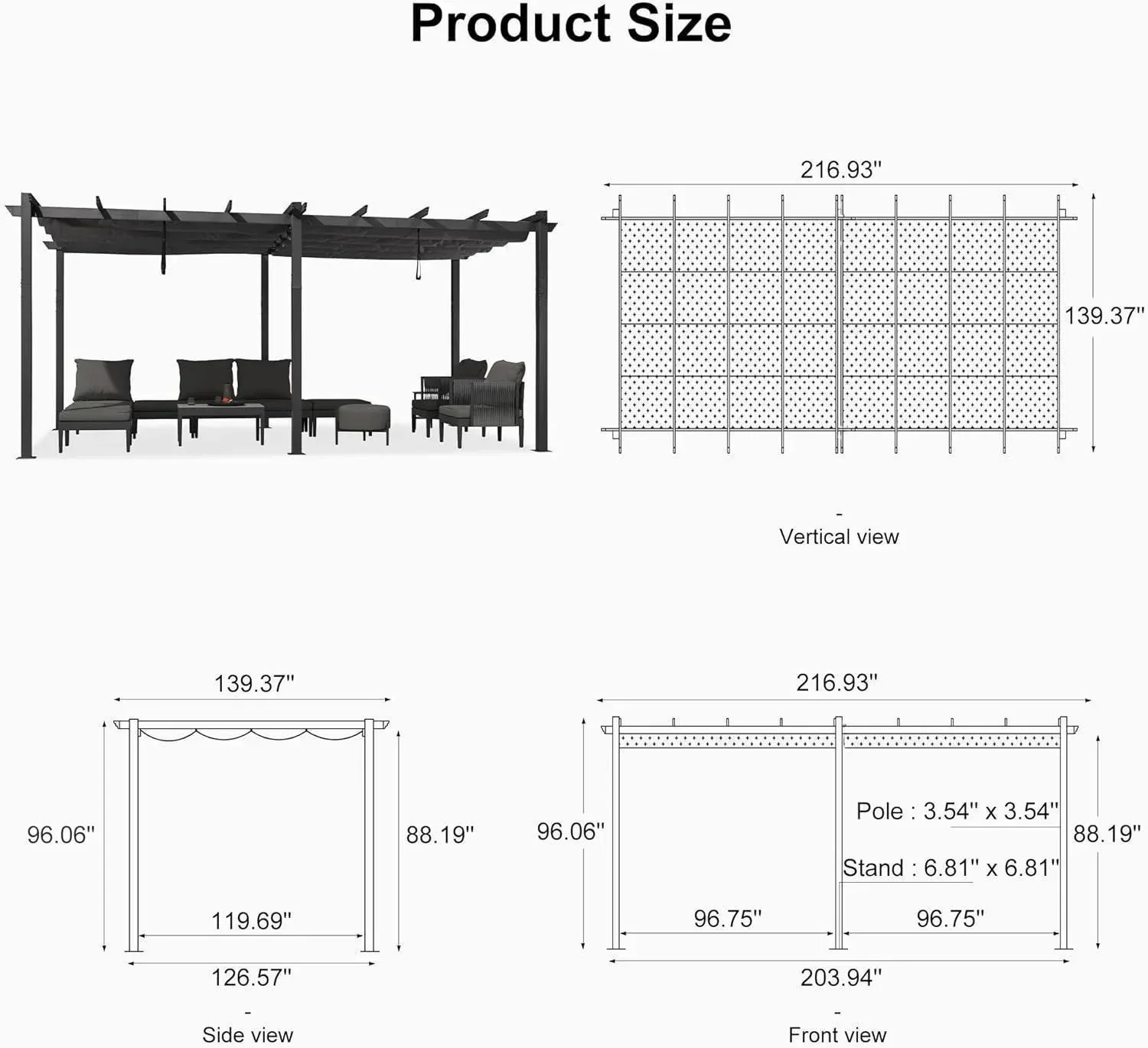 PURPLE LEAF Outdoor Pergola with Retractable Canopy Aluminum Shelter for Porch Garden  Beach Shade Pavilion Pergola Modern Backyard Deck - Image 221