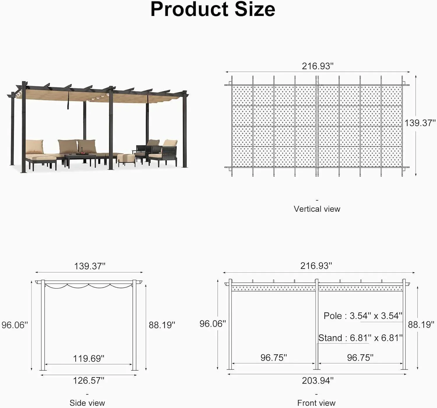 PURPLE LEAF Outdoor Pergola with Retractable Canopy Aluminum Shelter for Porch Garden  Beach Shade Pavilion Pergola Modern Backyard Deck - Image 222
