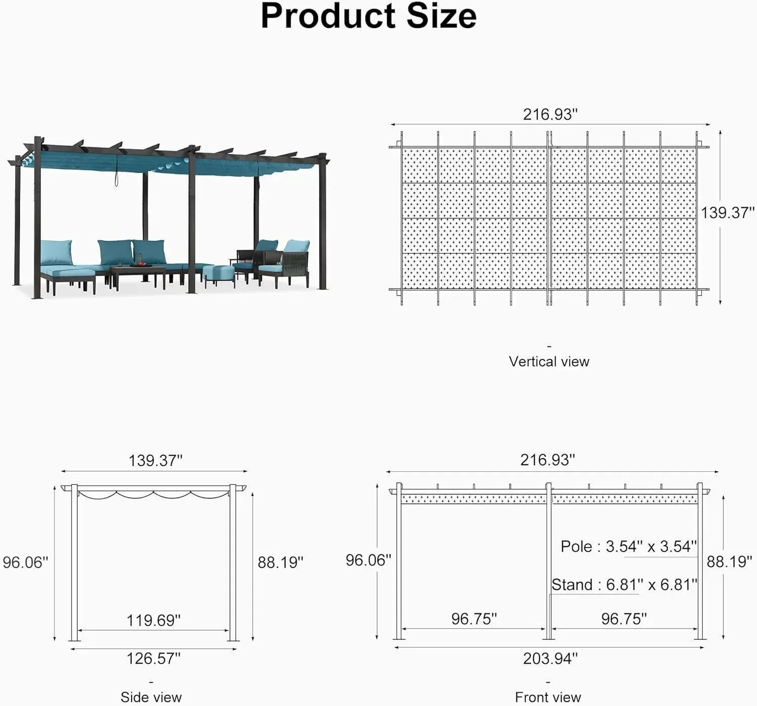 PURPLE LEAF Outdoor Pergola with Retractable Canopy Aluminum Shelter for Porch Garden  Beach Shade Pavilion Pergola Modern Backyard Deck - Image 223