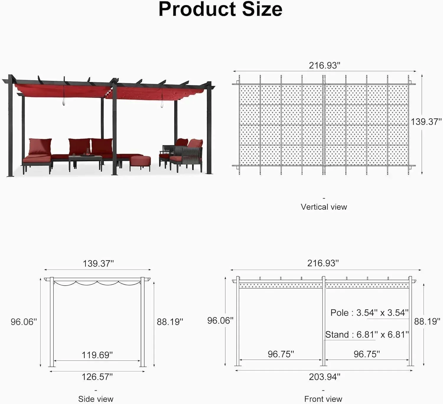 PURPLE LEAF Outdoor Pergola with Retractable Canopy Aluminum Shelter for Porch Garden  Beach Shade Pavilion Pergola Modern Backyard Deck - Image 224